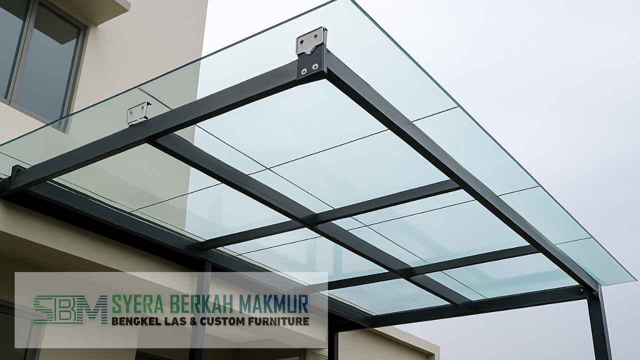 Jasa kanopi kaca balkon Jakarta pakai kaca tempered 10mm